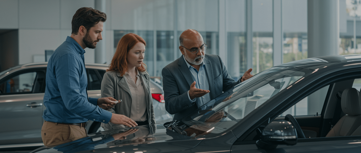Car salesperson showing a vehicle to a couple inside a dealership, discussing features.