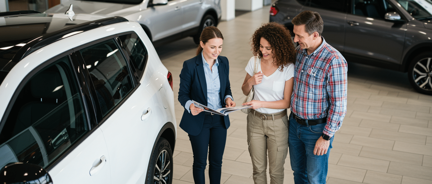 Car dealership consultant showing a brochure to a smiling couple beside a white SUV.