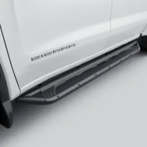 Genuine GM black running board mounted along the side of a white GMC Sierra