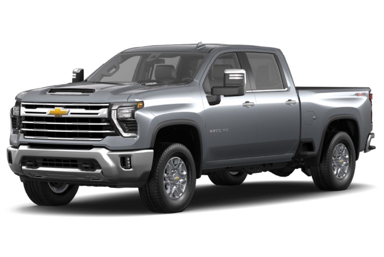 Silver Chevrolet Silverado 2500 HD crew cab pickup, front three-quarter view