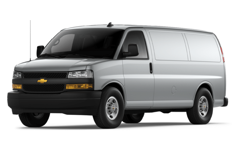 Silver Chevrolet Express cargo van, front three-quarter view