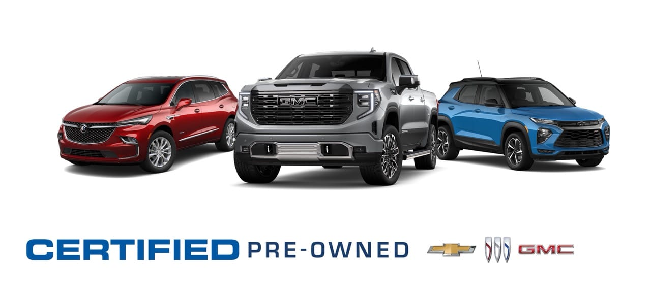 A red Buick Enclave, silver GMC Sierra Denali and blue Chevrolet Trailblazer above the Certified Pre-Owned wordmark with the Chevrolet, Buick and GMC logos