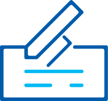 Icon of a hand signing a cheque with a pen